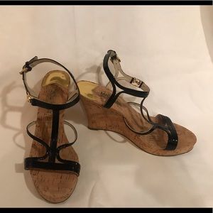 Michael Kors black patent cork heeled sandals
